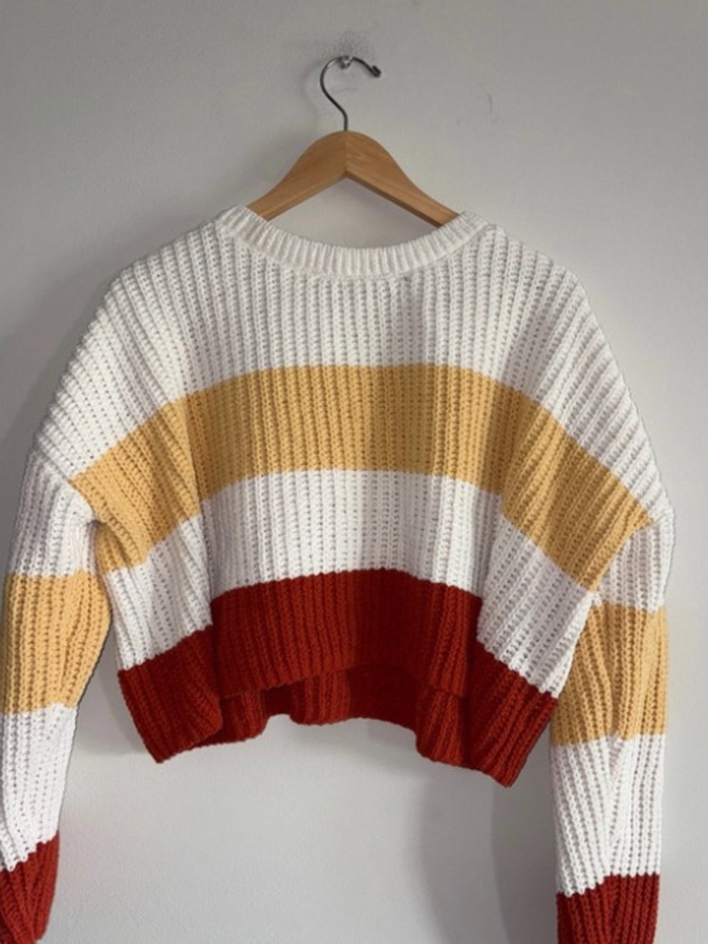 cupcakes & cashmere Cropped Striped Crewneck Sweater in White, Mustard & Rust